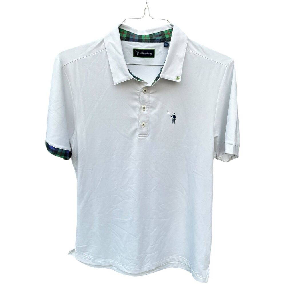 William Murray Golf Polo White Stretch Performance Men Medium Tartan Plaid Cuff